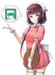  absurdres bangs blend_s blunt_bangs brown_hair check_commentary commentary_request eyebrows_visible_through_hair gloves head_scarf highres holding holding_tray looking_at_viewer low_twintails pig puffy_short_sleeves puffy_sleeves purple_eyes sakuranomiya_maika short_sleeves solo speech_bubble stile_uniform tamusuguru thighhighs tray twintails waitress white_background white_gloves white_legwear 