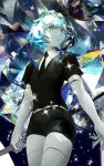  1other androgynous blue_eyes blue_hair crystal_hair diamond_(houseki_no_kuni) elbow_gloves gem_uniform_(houseki_no_kuni) gloves highres houseki_no_kuni looking_away necktie qosic short_hair solo sparkle sword weapon white_hair white_skin 