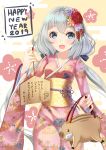  1girl 2019 :d absurdres animal_bag bag bangs blue_eyes blush commentary_request ema eyebrows_visible_through_hair floral_print flower hair_between_eyes hair_flower hair_ornament happy_new_year highres holding holding_bag holmemee japanese_clothes kimono konno_junko long_hair looking_at_viewer low_twintails nengajou new_year obi open_mouth pink_flower pink_kimono print_kimono purple_flower red_flower sash silver_hair smile solo thick_eyebrows translation_request twintails very_long_hair zombie_land_saga 