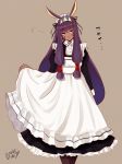  alternate_costume animal_ears bangs black_legwear blunt_bangs bonkithy breasts commentary_request enmaided eyebrows_visible_through_hair eyeshadow facial_mark fate/grand_order fate_(series) long_hair looking_at_viewer maid makeup nitocris_(fate/grand_order) purple_eyes purple_hair signature solo thighhighs very_long_hair wavy_mouth 