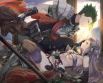  1girl achilles_(fate) after_battle armor blood boots braid breasts claws elbow_gloves fate/apocrypha fate/grand_order fate_(series) fingerless_gloves gloves green_hair grey_hair hand_on_another's_face highres injury kneeling long_hair lying mosta_(lo1777789) on_back pauldrons penthesilea_(fate/grand_order) red_scarf scarf short_hair sidelocks small_breasts thighhighs weapon yellow_eyes 