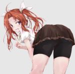  ahoge ass bent_over bike_shorts brown_hair commentary_request cowboy_shot from_behind grey_background hair_ribbon index_finger_raised kagerou_(kantai_collection) kantai_collection long_hair looking_at_viewer looking_back remodel_(kantai_collection) ribbon school_uniform shirt short_sleeves shorts shorts_under_skirt simple_background solo standing twintails white_ribbon white_shirt yumesato_makura 