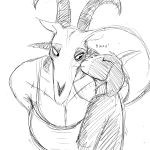  2018 anthro big_breasts breasts caprine cheek_kiss child cleavage clothed clothing cute duo english_text female goat hi_res hladilnik horn kissing kissing_cheek long_ears lucy_(hladilnik) mammal monochrome mother parent pentagram simple_background sound_effects text tommy_(hladilnik) white_background young 