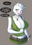  2016 anthro big_breasts blue_eyes blush breasts cleavage clothed clothing dog_tags embarrassed english_text feline felinid female fur green_clothing hair huge_breasts imperial_guard mammal nipple_slip pants partially_clothed sexualyeti simple_background soldier solo standing tears teeth text thong warhammer_(franchise) white_fur white_hair 