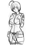  ahoge bodysuit breasts cowboy_shot gentle_sasaki graphite_(medium) greyscale harada_makoto large_breasts monochrome pouch short_hair sketch smile solo traditional_media turtleneck uchuu_senkan_yamato uchuu_senkan_yamato_2199 