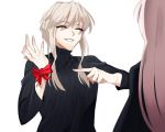  artoria_pendragon_(all) artoria_pendragon_(lancer_alter) black_sweater bow check_commentary closed_eyes commentary_request facing_another fate/grand_order fate_(series) florence_nightingale_(fate/grand_order) grin hochikass korean_commentary long_hair long_sleeves multiple_girls pink_hair pointing pointing_at_self red_bow ribbed_sweater sidelocks smile sweater white_background 