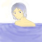  1boy blue_eyes blue_hair flat_chest frowning water white_background 