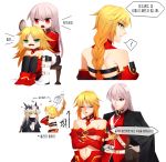 ? alternate_hairstyle artoria_pendragon_(all) artoria_pendragon_(lancer_alter) bandage_over_one_eye blonde_hair blush braid breasts cleavage commentary_request crossed_arms fang fate/grand_order fate_(series) florence_nightingale_(fate/grand_order) flower green_eyes hair_brushing hair_down highres hochikass horns korean korean_commentary long_braid long_hair mordred_(fate) mordred_(fate)_(all) multiple_girls navel open_mouth pink_hair red_eyes single_braid spoken_question_mark translation_request white_background 