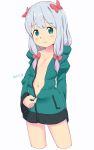  aqua_jacket arm_behind_back bad_id bad_pixiv_id bangs blue_eyes blush bow center_opening closed_mouth collarbone crop_top eromanga_sensei eyebrows eyebrows_visible_through_hair flat_chest furrowed_eyebrows hair_bow highres izumi_sagiri jacket legs_apart long_hair long_sleeves looking_at_viewer navel nyonn24 open_clothes open_jacket pink_bow silver_hair simple_background solo standing stomach track_jacket zipper_pull_tab zipping 