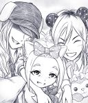  ^_^ akim_x animal_ears anna_(watamote) bags_under_eyes baseball_cap bow cat_ears closed_eyes commentary fake_animal_ears grin hat monochrome mouse_ears multiple_girls polka_dot polka_dot_bow rena_(watamote) ribbon smile star star_print thick_eyebrows watashi_ga_motenai_no_wa_dou_kangaetemo_omaera_ga_warui! yoshida_masaki 