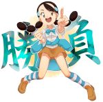  :d bad_id bad_pixiv_id bare_arms black_hair blue_bow blue_neckwear bow bowtie brown_eyes brown_footwear brown_skirt clenched_hand clothes_around_waist collared_shirt eyebrows eyebrows_visible_through_hair eyelashes eyes_visible_through_hair fingernails full_body gym_leader hair_ornament highres index_finger_raised kneehighs legs_apart loafers long_hair looking_at_viewer miniskirt nyonn24 open_mouth outline pigeon-toed pokemon pokemon_(game) pokemon_dppt shirt shoes skirt smile solo striped striped_legwear suzuna_(pokemon) teeth tongue twintails white_outline white_shirt 
