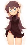  arms_behind_head arms_up ass_visible_through_thighs bad_id bad_pixiv_id badge bangs bare_arms bare_shoulders black_dress black_panties blue_(pokemon) blue_eyes blush boulder_badge breasts brown_hair cascade_badge closed_mouth commentary_request cowboy_shot dress dress_lift earrings eyebrows eyebrows_visible_through_hair gem gym_leader_badge highres jewelry lace lace-trimmed_panties lace_trim legs_apart long_hair looking_at_viewer medium_breasts nyonn24 panties pokemon pokemon_special short_dress sleeveless sleeveless_dress smile solo standing straight_hair thighs turtleneck underwear 