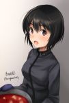  artist_name bangs black_hair black_jacket brave_witches eyebrows_visible_through_hair food gradient gradient_background grey_background haruhata_mutsuki holding jacket looking_at_viewer military military_uniform open_mouth oven_mitts pot purple_eyes shimohara_sadako short_hair signature smile solo standing twitter_username uniform world_witches_series 
