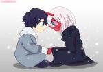  1boy 1girl black_cloak black_hair blue_eyes cloak coat couple crying_with_eyes_open darling_in_the_franxx face-to-face face_to_face facing_another forehead-to-forehead fringe fur_trim gabrielngako green_eyes grey_coat hand_holding hetero hiro_(darling_in_the_franxx) hooded_cloak horns legs_crossed long_hair looking_at_another oni_horns parka pink_hair red_horns red_pupils red_sclera red_skin short_hair signature sitting tears winter_clothes winter_coat younger zero_two_(darling_in_the_franxx) 