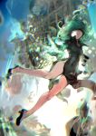  an'ninsou aura black_dress breasts chromatic_aberration chromatic_aberration_abuse curly_hair dress flipped_hair floating green_eyes green_hair high_heels no_panties one-punch_man psychic short_hair side_slit sky small_breasts tatsumaki telekinesis 