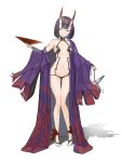  absurdres ankle_bow ankle_ribbon ass_visible_through_thighs bare_shoulders bob_cut bow breasts commentary_request cup fate/grand_order fate_(series) full_body green_eyes highres horns japanese_clothes kit_park korean_commentary looking_to_the_side medium_breasts navel oni oni_horns partial_commentary purple_hair red_bow red_ribbon ribbon sakazuki shadow short_hair shuten_douji_(fate/grand_order) simple_background solo standing thigh_gap white_background 