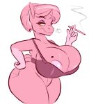  2018 anthro anthrofied areola beauty_mark big_breasts bra breasts cigarette cleavage clothed clothing digital_media_(artwork) equine eyeshadow female friendship_is_magic fully_clothed hair hand_on_hip holding_object horn horse huge_breasts makeup mammal mature_female mole_(marking) my_little_pony pony raised_arm restricted_palette short_hair simple_background smoke smoking smutbooru solo standing stellar_flare_(mlp) thick_thighs underwear unicorn wide_hips yellow_eyes 