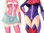  bare_shoulders bimaajo breasts calen_(time_bokan) contrapposto cowboy_shot gloves hand_on_hip head_out_of_frame highleg highleg_leotard large_breasts leotard medium_breasts miniskirt multiple_girls oshiza pink_gloves pink_legwear pink_leotard purple_gloves purple_legwear purple_leotard see-through shiny shiny_clothes shoulder_cutout simple_background skirt standing thigh_gap thighhighs time_bokan_(series) time_bokan_24 white_background 