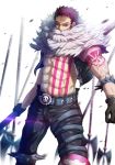  abs arm_tattoo axe bare_chest battle_axe belt belt_buckle biceps black_gloves black_pants black_vest blue_belt buckle charlotte_katakuri chest chest_tattoo commentary_request covered_mouth fur_trim gloves glowing glowing_eyes highres holding kuria_(clear_trip_second) looking_at_viewer male_focus manly muscle one_piece open_clothes open_vest pants pectorals purple_hair red_eyes scarf scarf_over_mouth shirtless skull skull_belt solo spikes standing tattoo vest weapon white_background 