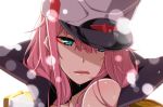  :q darling_in_the_franxx green_eyes hat long_hair looking_at_viewer peaked_cap pink_hair simple_background solo tongue tongue_out upper_body wet white_background yamanami_kousuke zero_two_(darling_in_the_franxx) 