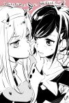  candy commentary_request darling_in_the_franxx food greyscale hair_ornament hairband hairclip highres horns ichigo_(darling_in_the_franxx) lollipop long_hair looking_at_another monochrome multiple_girls oni_horns pushing_away pushing_face shipshipsheep short_hair sketch squiggle straight_hair sweatdrop translation_request uniform white_hairband yuri zero_two_(darling_in_the_franxx) 