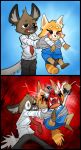  aggressive_retsuko angry cute duo female haida holding_(disambiguation) hyena male mammal red_panda retsuko scared screaming worried 