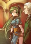 1girl blue_dress brown_gloves commentary dress earrings fingerless_gloves fire_emblem fire_emblem:_rekka_no_ken fire_emblem_heroes gloves grandfather_and_granddaughter grass green_cloak green_eyes green_hair hair_tie hausen_(fire_emblem) high_ponytail highres jewelry jin_(phoenixpear) long_hair looking_at_another lyndis_(fire_emblem) old_man open_mouth pelvic_curtain pillar ponytail side_slit smile thighs walking white_hair 