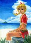  bad_id bad_pixiv_id blonde_hair blue_eyes breasts chrono_cross colored_pencil_(medium) commentary_request highres jewelry kid_(chrono_cross) long_hair looking_at_viewer machihari midriff multi-tied_hair necklace ocean ponytail skirt smile solo traditional_media vest watercolor_(medium) 