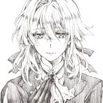  blue_jacket brooch close-up eyebrows_visible_through_hair face gloves greyscale hair_between_eyes hair_intakes hair_ribbon hand_on_own_chest highres jacket jewelry jin_(phoenixpear) monochrome neckerchief ribbon sketch traditional_media violet_evergarden violet_evergarden_(character) white_neckwear 