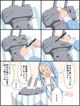  :3 alternate_hairstyle blonde_hair bokota_(bokobokota) closed_eyes comic commentary_request highres kantai_collection marker open_mouth pillow rensouhou-chan shimakaze_(kantai_collection) sidelocks sitting smile translated twintails wariza 