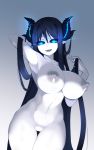  :d arm_up armpits black_hair blue_eyes blush breasts collarbone cowboy_shot demon_girl demon_horns eyebrows_visible_through_hair glowing glowing_eyes gradient gradient_background hair_lift highres horns large_breasts long_hair looking_at_viewer mirana_(sub-res) navel nipples nude open_mouth original pointy_ears puffy_nipples shiny shiny_skin smile solo sub-res thigh_gap very_long_hair white_skin 