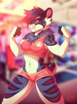  &lt;3 abs anthro blue_fur bra chest_tuft clothing enjoipandas fangs feline female flexing fur mammal muscular muscular_female navel red_eyes red_fur saber-toothed_cat sabertooth_(feature) shoulder_tuft smile solo spiced spots spotted_fur stripes tuft underwear white_fur 