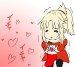  blonde_hair bow chibi fate/apocrypha fate/grand_order fate_(series) gradient gradient_background hasebe_akira heart holding long_sleeves mordred_(fate) mordred_(fate)_(all) nib_pen_(medium) no_nose open_mouth pink_background ponytail sketch striped striped_bow traditional_media trembling 