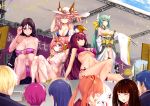  6+girls absurdres animal_ears anklet armlet bandaged_arm bandaged_leg bandages bell black_hair blue_eyes bracelet breasts chinese_commentary closed_eyes commentary_request crossover fan fate/grand_order fate_(series) fox_ears fox_tail frankenstein's_monster_(fate) frankenstein's_monster_(swimsuit_saber)_(fate) green_hair hair_ornament hairclip hat highres holding holding_fan horn jewelry kagurazaka_asuna kiyohime_(fate/grand_order) kiyohime_(swimsuit_lancer)_(fate) large_breasts mahou_sensei_negima! medium_breasts minamoto_no_raikou_(fate/grand_order) minamoto_no_raikou_(swimsuit_lancer)_(fate) multiple_boys multiple_girls onceskylark pink_hair purple_hair red_eyes saiki_kusuo saiki_kusuo_no_psi_nan scathach_(fate)_(all) scathach_(swimsuit_assassin)_(fate) sitting small_breasts smile swimsuit tail tamamo_(fate)_(all) tamamo_no_mae_(swimsuit_lancer)_(fate) teruhashi_kokomi yellow_eyes zzz 