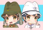  black_hair blush bow brown_eyes chibi commentary hair_bow hair_ornament hairclip hand_on_own_cheek hand_up hat imperial_japanese_army imperial_japanese_navy looking_at_viewer m_tap military military_uniform multiple_girls naval_uniform open_mouth original polka_dot polka_dot_background portrait short_hair smile soldier uniform 