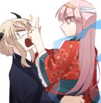  artoria_pendragon_(all) artoria_pendragon_(lancer_alter) blonde_hair chinese_clothes commentary_request divine_princess_of_the_storm earrings fate/grand_order fate_(series) flick florence_nightingale_(fate/grand_order) from_side hanfu highres hochikass horns hug jewelry korean_commentary long_hair looking_at_another multiple_girls open_mouth ox-demon_king pink_hair red_eyes shawl tearing_up white_background wide_sleeves 