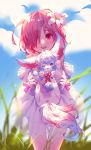  cloud day dress eyebrows_visible_through_hair fate/grand_order fate_(series) flower fou_(fate/grand_order) gloves grass hair_flower hair_ornament hair_over_one_eye highres looking_at_viewer mash_kyrielight pink_eyes pink_hair see-through short_hair sky smile solo timmy_(tztime) younger 