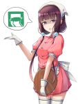  absurdres bangs blend_s blunt_bangs brown_hair empty_eyes eyebrows_visible_through_hair gloves head_scarf highres holding holding_tray looking_at_viewer low_twintails pig puffy_short_sleeves puffy_sleeves purple_eyes sakuranomiya_maika shaded_face short_sleeves solo speech_bubble stile_uniform tamusuguru thighhighs tray twintails waitress white_background white_gloves white_legwear 