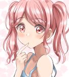  1girl bang_dream! bangs bare_shoulders blue_camisole blush camisole closed_mouth collarbone commentary_request eyebrows_visible_through_hair finger_to_mouth hair_tie long_hair looking_at_viewer maruyama_aya red_eyes red_hair sidelocks sin_(sin52y) solo twintails upper_body 