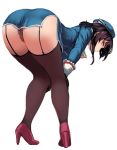  ass bent_over beret black_gloves black_hair blue_hat blue_jacket blue_skirt breasts brown_legwear brown_panties commentary_request fairy_(kantai_collection) from_behind full_body garter_straps gloves hands_on_own_knees hanging_on hat high_heels jacket kantai_collection knees_together_feet_apart large_breasts long_sleeves minigirl miniskirt multiple_girls panties pantyshot pencil_skirt profile red_eyes red_footwear shoes side_slit sideways_glance simple_background size_difference skirt solo_focus takao_(kantai_collection) thighhighs underwear uniform utopia white_background 