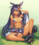 animal_ears ankle_boots bikini blue_bikini blue_hair blush boots breasts dark_skin fang full_body grass hair_between_eyes hair_ornament hairclip hand_on_own_forehead highres hishi_amazon horse_ears horse_girl large_breasts long_hair navel on_ground open_mouth paintale red_eyes shiny shiny_skin sitting solo spread_legs sweat swimsuit tail umamusume 
