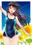  :d arm_up ass_visible_through_thighs bangs black_hair blue_eyes blue_sky blue_swimsuit braid breasts cloud commentary_request competition_swimsuit covered_navel cowboy_shot day eyebrows_visible_through_hair flower french_braid hair_ornament hairclip large_breasts long_hair looking_at_viewer nijisanji one-piece_swimsuit open_mouth outdoors round_teeth sakayama_shinta shiny shiny_hair sky smile solo standing sunflower swimsuit teeth tsukino_mito upper_teeth virtual_youtuber 