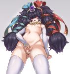  :d alastor_(megido72) ass bar_censor black_hair blush breasts censored covered_eyes detached_sleeves gloves hair_over_eyes hair_ribbon hat highres long_hair megido72 navel nipples nude open_mouth pussy pussy_juice ribbon simple_background small_breasts smile solo spread_legs spread_pussy thighhighs twintails very_long_hair white_background white_gloves white_legwear yas_(35373) 