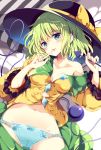  bare_shoulders black_hat blue_panties blush bow breasts cleavage collarbone commentary_request eyebrows_visible_through_hair finger_to_mouth green_eyes green_hair green_skirt hat hat_bow head_tilt heart heart-shaped_pupils heart_of_string highres komeiji_koishi long_sleeves looking_at_viewer lying maturiuta_sorato medium_breasts navel off_shoulder on_back panties parted_lips shirt short_hair skirt skirt_removed solo stomach symbol-shaped_pupils third_eye touhou underwear wide_sleeves yellow_bow yellow_shirt 