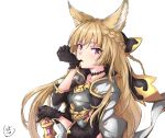  absurdres animal_ears armor bangs black_gloves blonde_hair braid breastplate choker commentary_request erune eyebrows_visible_through_hair glove_in_mouth glove_pull gloves granblue_fantasy highres long_hair looking_at_viewer mouth_hold pink_eyes shitamichi solo very_long_hair yuisis_(granblue_fantasy) 