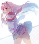  ass blurry blurry_background blush candy chain-link_fence commentary_request darling_in_the_franxx depth_of_field dutch_angle fence floating_hair food green_eyes grey_jacket grey_skirt holding holding_lollipop jacket lollipop long_hair looking_at_viewer looking_to_the_side open_clothes open_jacket panties pink_hair pink_panties pleated_skirt red_scarf sazaki_ichiri scarf shirt simple_background skirt skirt_lift solo underwear very_long_hair white_background white_shirt wind wind_lift zero_two_(darling_in_the_franxx) 