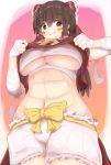  abs akabeco ascot bad_id bad_nicoseiga_id bandages bangs bloomers blush bow breasts brown_hair budget_sarashi closed_mouth clothes_lift commentary_request cookie_(touhou) cowboy_shot eyebrows_visible_through_hair hair_between_eyes hair_bow hair_tubes hakurei_reimu highres huge_breasts kanna_(cookie) lifted_by_self long_hair looking_at_viewer navel no_pants red_bow red_eyes sarashi smile solo touhou underboob underwear yellow_bow 