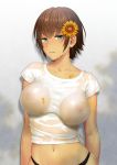 blush breasts breasts_apart brown_hair covered_nipples crop_top dripping eyebrows_visible_through_hair flower freckles green_eyes hair_flower hair_ornament highres kontetsu18 large_breasts looking_at_viewer navel nipples no_bra original parted_lips petals see-through shirt short_hair short_sleeves sidelocks skindentation solo sunflower upper_body wet wet_clothes wet_shirt wet_t-shirt 