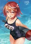  2018 :d ahoge bare_shoulders breasts cleavage collarbone dated hair_ornament holding holding_torpedo i-58_(kantai_collection) kantai_collection looking_at_viewer medium_breasts one-piece_swimsuit open_mouth pink_hair red_eyes school_swimsuit short_hair signature smile solo swimsuit toka_(marchlizard) torpedo 
