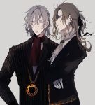  antonio_salieri_(fate/grand_order) black_ribbon blonde_hair commentary_request fate/grand_order fate_(series) formal gem gloves grey_hair hair_between_eyes hair_ribbon highres jewelry krsm_(numa62114) light_brown_hair long_hair long_sleeves multiple_boys necklace parted_lips pinstripe_suit red_eyes red_scarf ribbon scarf shirt silver_hair smile standing striped suit upper_body white_background white_gloves white_shirt wolfgang_amadeus_mozart_(fate/grand_order) 